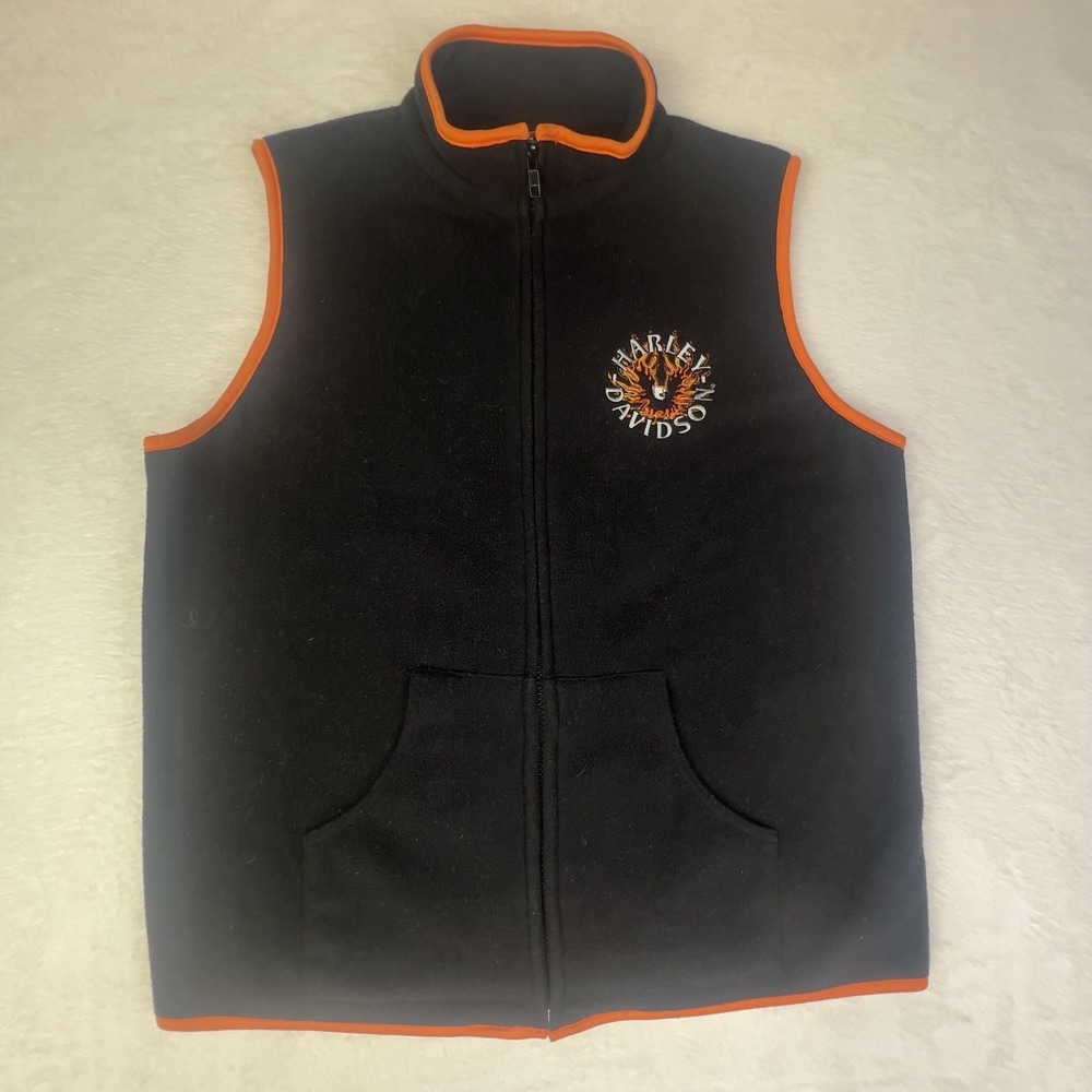Harley-Davidson Vest Women Large Black‎ Fleece Full Zip Skull Flames Motorcycle